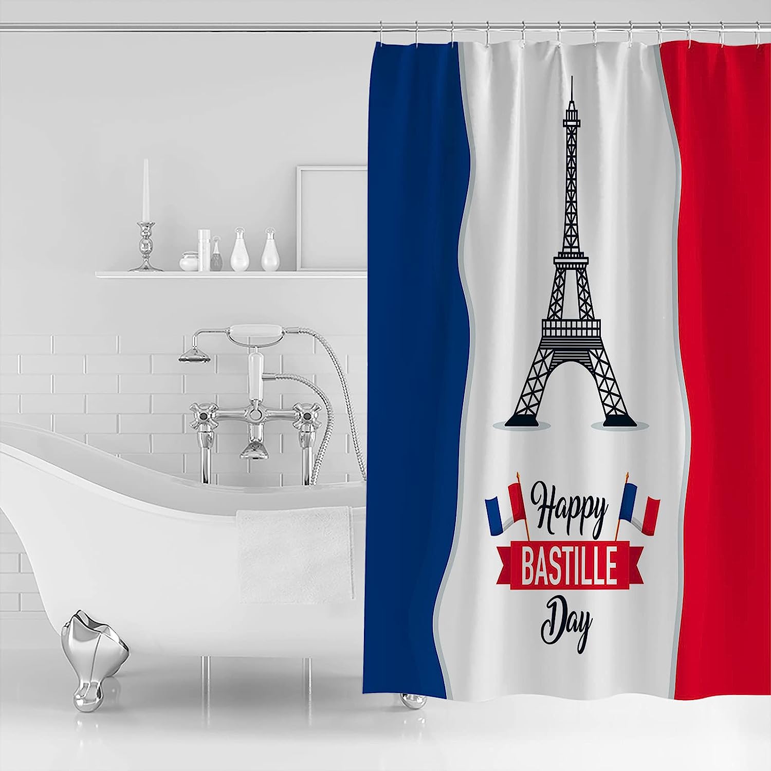 Blue White Red Eiffel Tower French National Day Shower Curtain with Chic Design