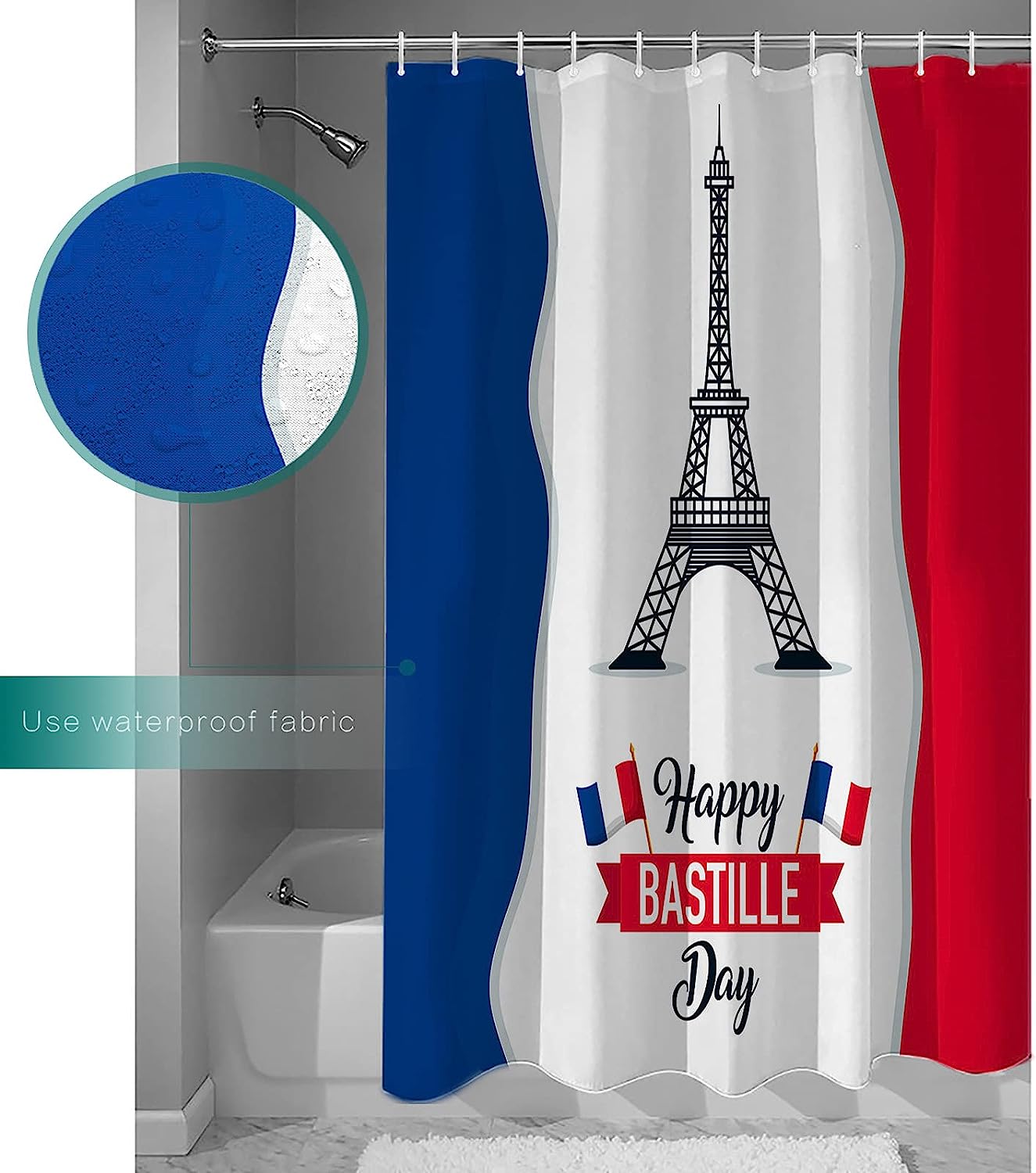 Blue White Red Eiffel Tower French National Day Shower Curtain with Chic Design