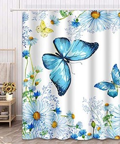 Blue Wildflower Daisy Butterfly Shower Curtain with Delicate Design