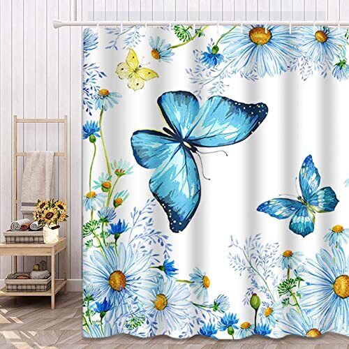 Blue Wildflower Daisy Butterfly Shower Curtain with Delicate Design