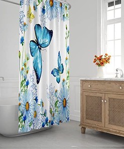 Blue Wildflower Daisy Butterfly Shower Curtain with Delicate Design