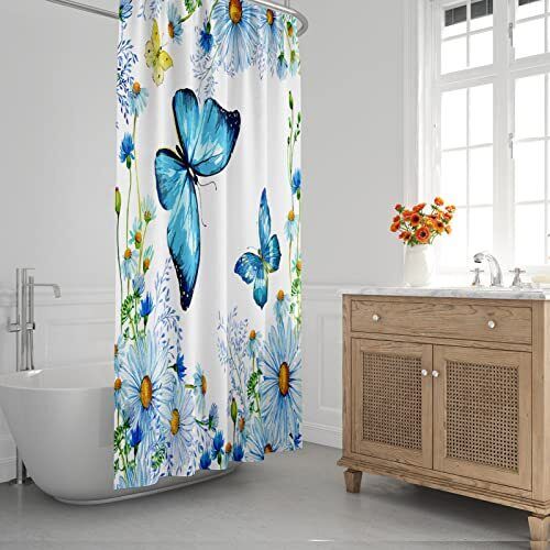 Blue Wildflower Daisy Butterfly Shower Curtain with Delicate Design