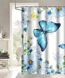 Blue Wildflower Daisy Butterfly Shower Curtain with Delicate Design