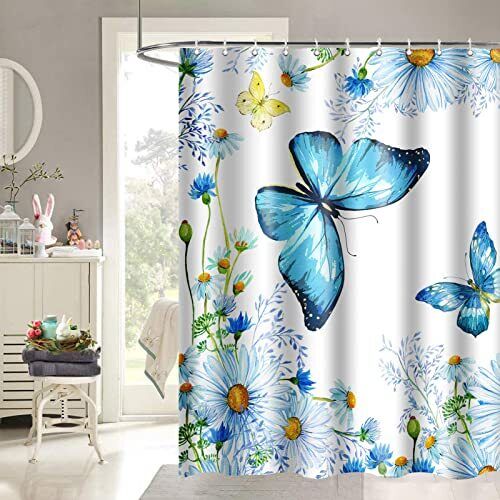 Blue Wildflower Daisy Butterfly Shower Curtain with Delicate Design