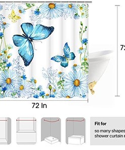 Blue Wildflower Daisy Butterfly Shower Curtain with Delicate Design