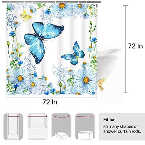 Blue Wildflower Daisy Butterfly Shower Curtain with Delicate Design