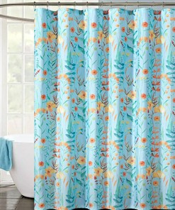 Blue Wildflower Shower Curtain - Scenic Floral Bathroom Accessory with Botanic Accents 