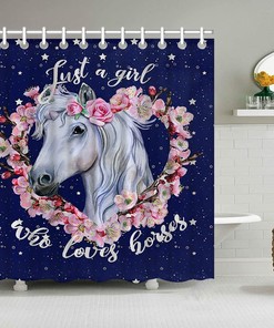 Blue Wreath White Horse Shower Curtain for Elegant Bathroom Decor 