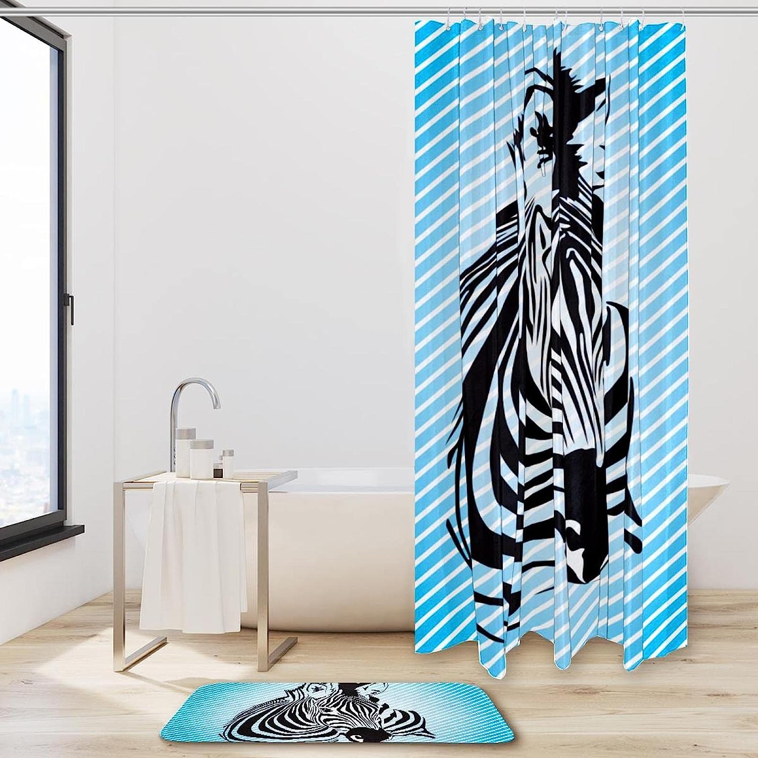 Blue Zebra Pattern Waterproof Fabric Shower Curtain for Vibrant Bathroom Design