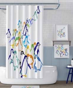 Blue and Green Colorful Penguin Print Shower Curtain, Children's Bathroom Decor