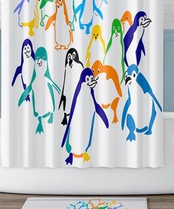Blue and Green Colorful Penguin Print Shower Curtain, Children's Bathroom Decor