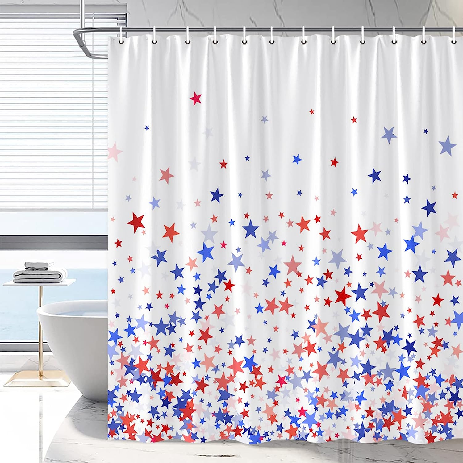 Blue and Red Stars Independence Day Art Shower Curtain, RDRUVA 4th of July Bathroom Curtains with American Flag Pattern
