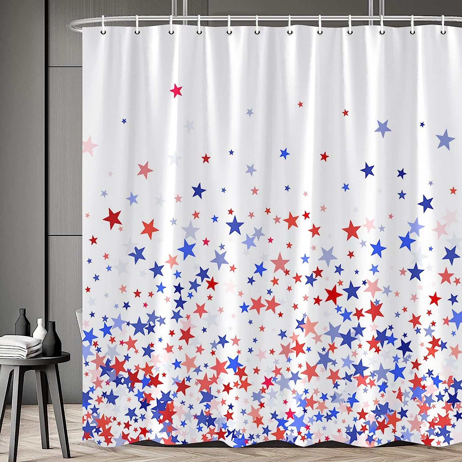 Blue and Red Stars Independence Day Art Shower Curtain, RDRUVA 4th of July Bathroom Curtains with American Flag Pattern