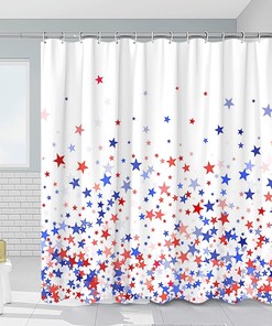 Blue and Red Stars Independence Day Art Shower Curtain, RDRUVA 4th of July Bathroom Curtains with American Flag Pattern