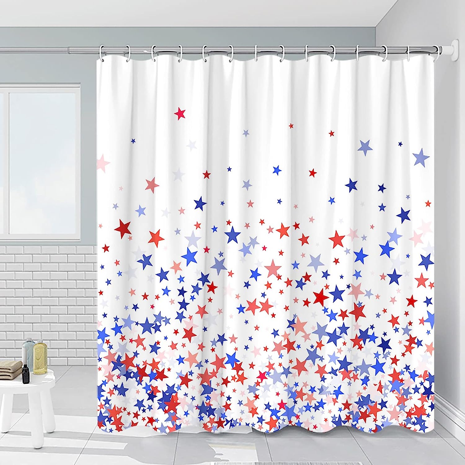 Blue and Red Stars Independence Day Art Shower Curtain, RDRUVA 4th of July Bathroom Curtains with American Flag Pattern