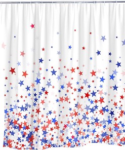Blue and Red Stars Independence Day Art Shower Curtain, RDRUVA 4th of July Bathroom Curtains with American Flag Pattern