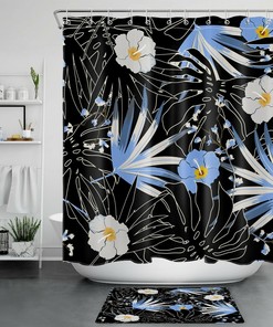 Blue and Vivacious Monstera Leaf Shower Curtain with a Flower Design for Your Bathroom