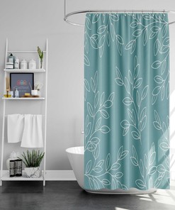 Blue and White Botanical Leaf Shower Curtain, Simple Minimalist Pattern for Bathroom Accessory and Home Decor