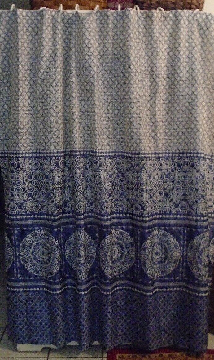 Blue and White Medallions Diamonds Dots Geometric Design Bath Shower Curtain