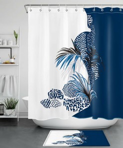 Blue and White Palm Leaves Shower Curtain - Coastal Bathroom Accessory