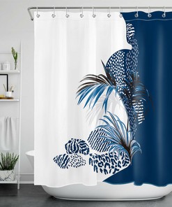 Blue and White Palm Leaves Shower Curtain - Coastal Bathroom Accessory
