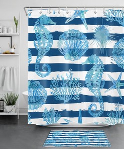 Blue and White Striped Seashell Sea Horse Shower Curtain for Bathroom