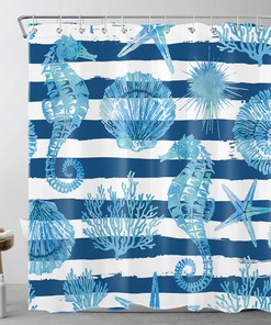 Blue and White Striped Seashell Sea Horse Shower Curtain for Bathroom