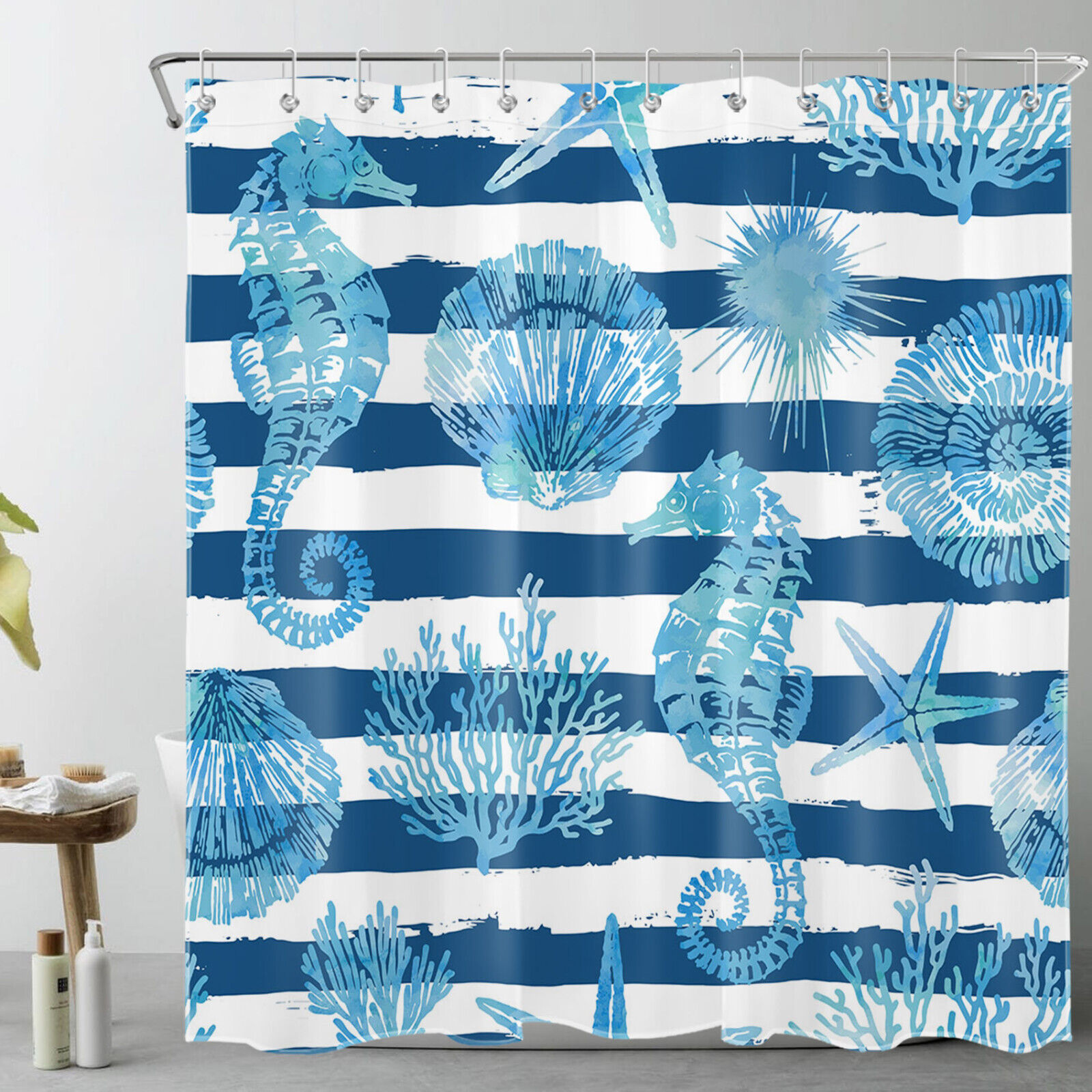 Blue and White Striped Seashell Sea Horse Shower Curtain for Bathroom