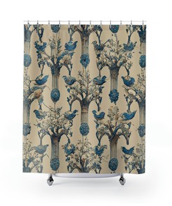 Blue and White Tree Inspired Floral Shower Curtain, Stunning Bathroom Decor