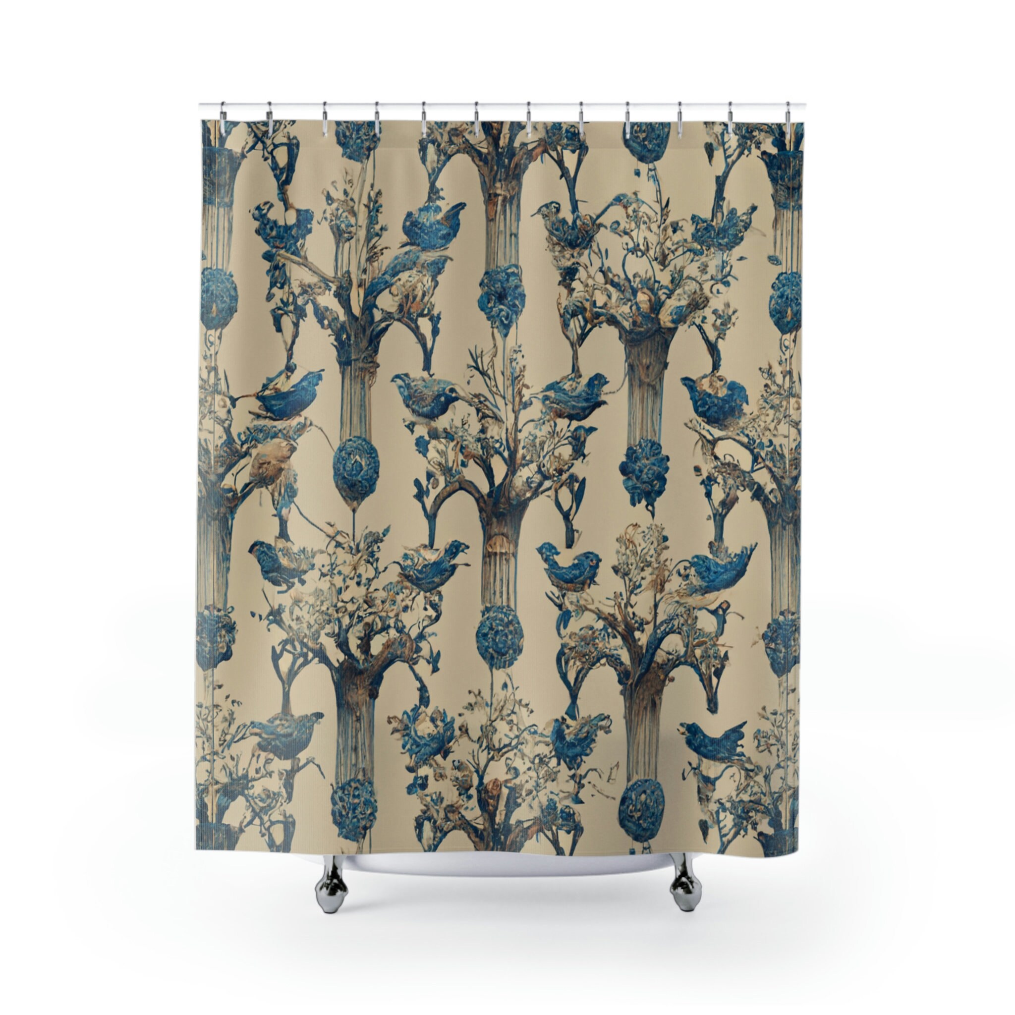 Blue and White Tree Inspired Floral Shower Curtain, Stunning Bathroom Decor