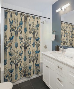 Blue and White Tree Inspired Floral Shower Curtain, Stunning Bathroom Decor