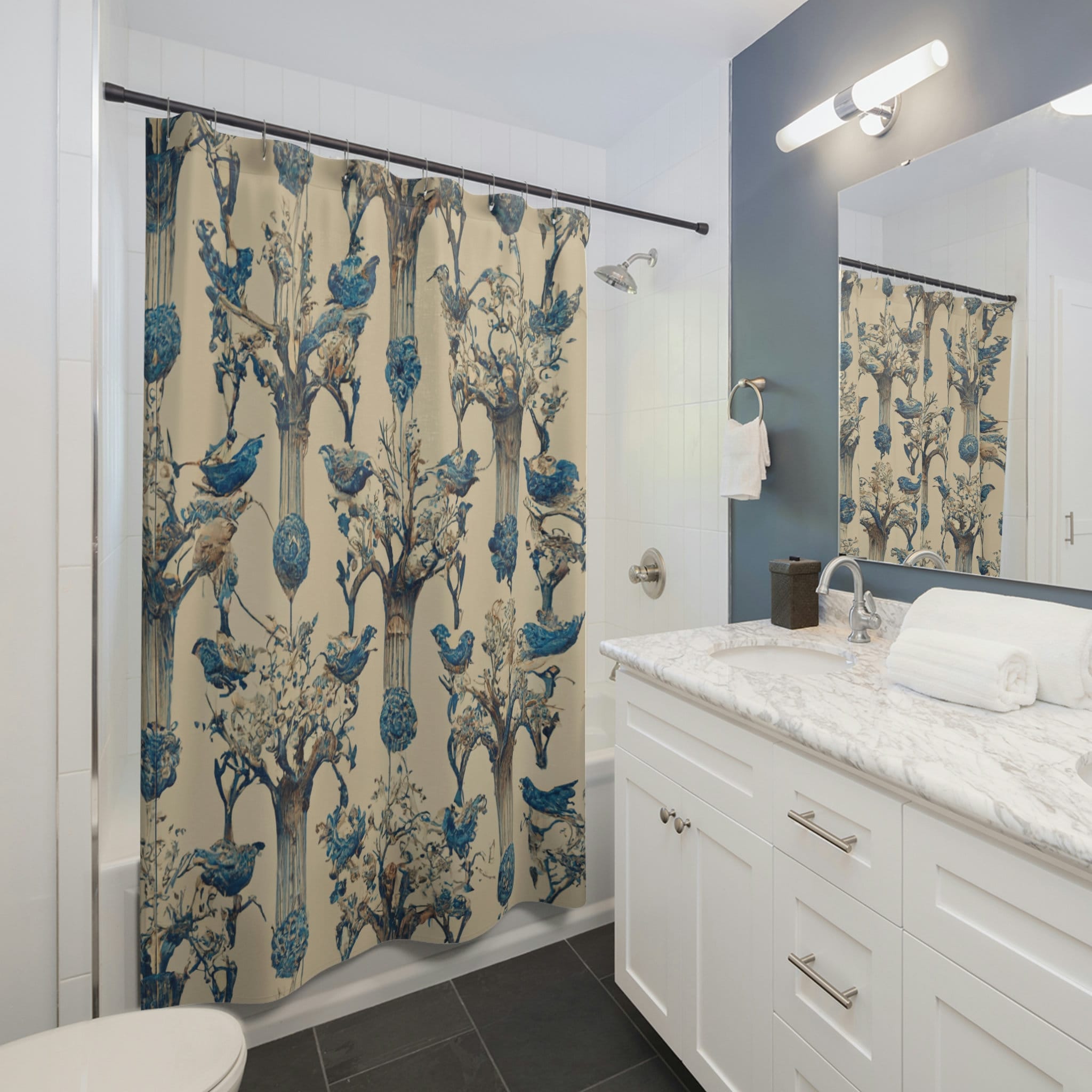 Blue and White Tree Inspired Floral Shower Curtain, Stunning Bathroom Decor