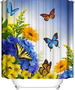 Blue and Yellow Floral Fabric Monarch Butterfly Shower Curtain for Spring Nature Plant Bathroom Decor