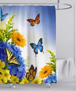 Blue and Yellow Floral Fabric Monarch Butterfly Shower Curtain for Spring Nature Plant Bathroom Decor