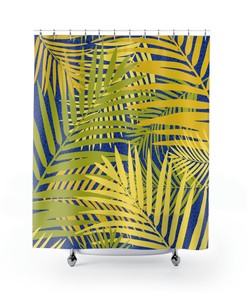 Blue and Yellow Palm Leaf Shower Curtain - Colorful Bathroom Decor
