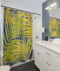 Blue and Yellow Palm Leaf Shower Curtain - Colorful Bathroom Decor