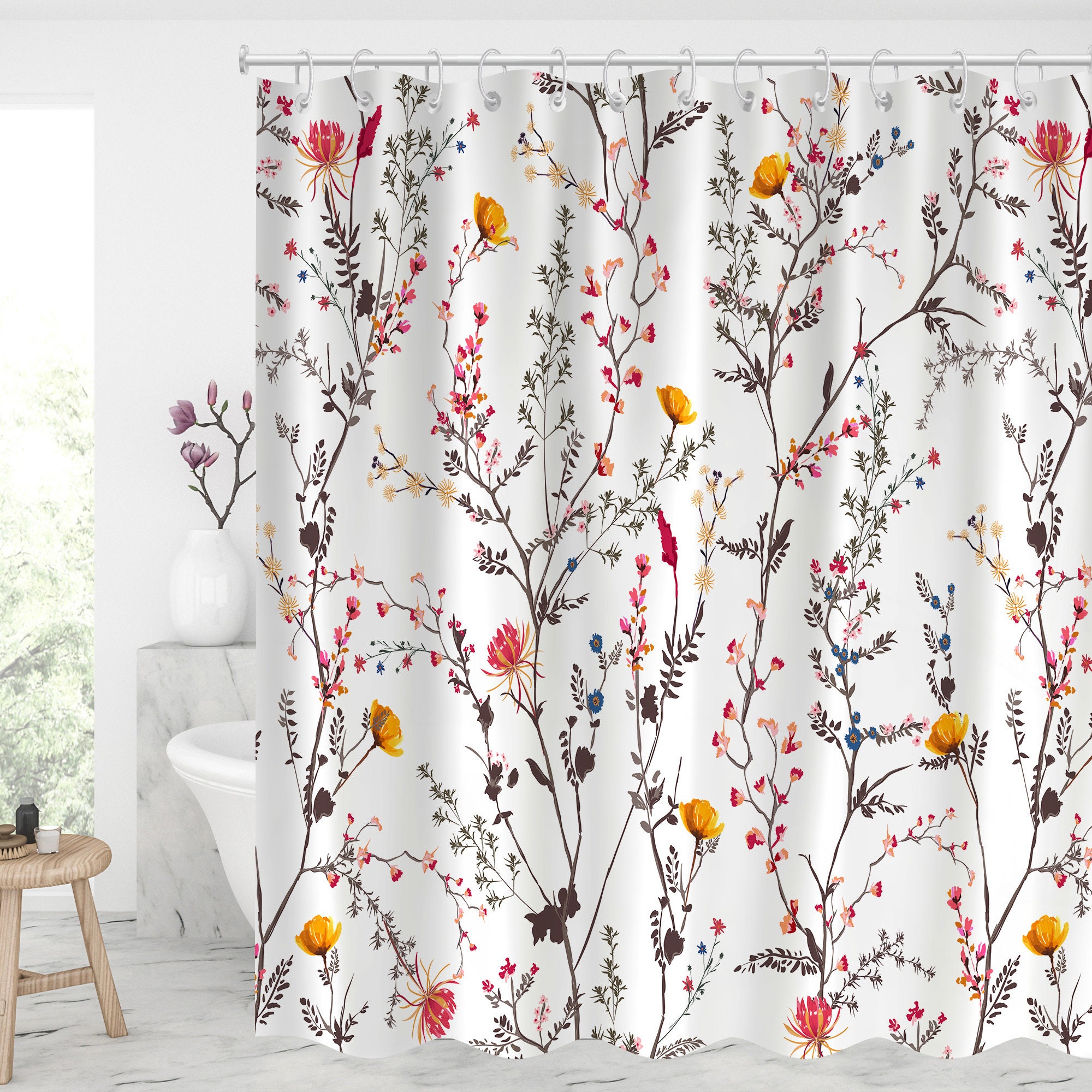Blue and Yellow Watercolor Floral Shower Curtain for Spring Bathroom