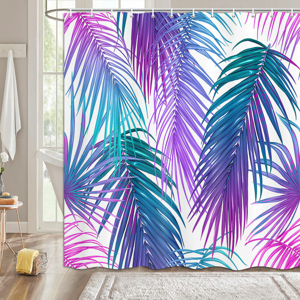 Blue-Purple Tropical Plant Leaves Shower Curtain With A Relaxing Ambience - Image 2