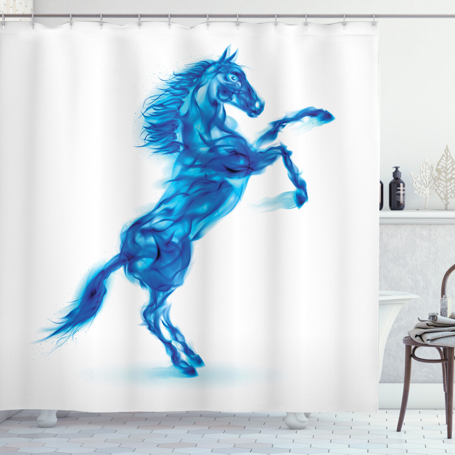 Blue-White Horse Abstract Art Animal Bathroom Decor Shower Curtain