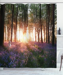 Bluebell Woods Sunrise With A White Rabbit Spring In Woodland Shower Curtain For A Whimsical Touch