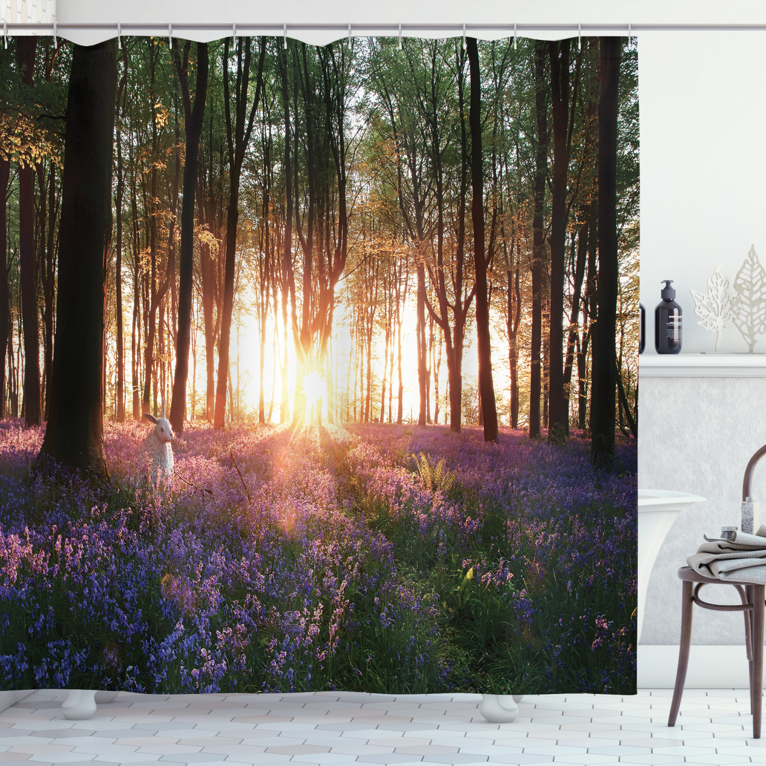 Bluebell Woods Sunrise With A White Rabbit Spring In Woodland Shower Curtain For A Whimsical Touch