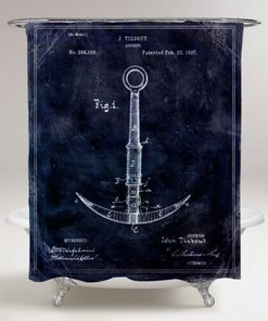 Blueprint Nautical Shower Curtain in Blue with Anchor 1887 Design - Oliver Gal