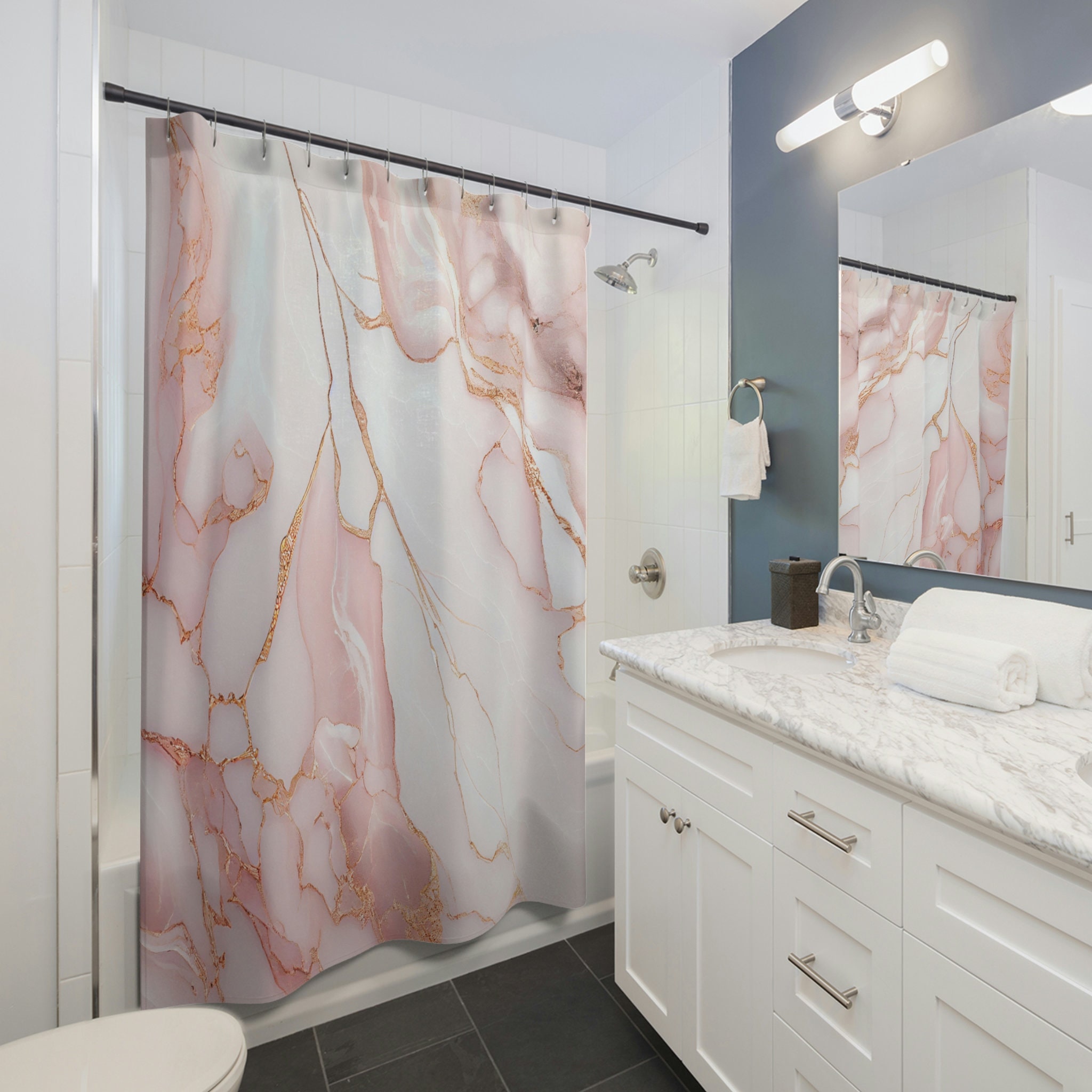Blush Marble Design Shower Curtain With Rose Gold Veining And Soft Pink Metallic Accents For A Chic Touch - Image 2