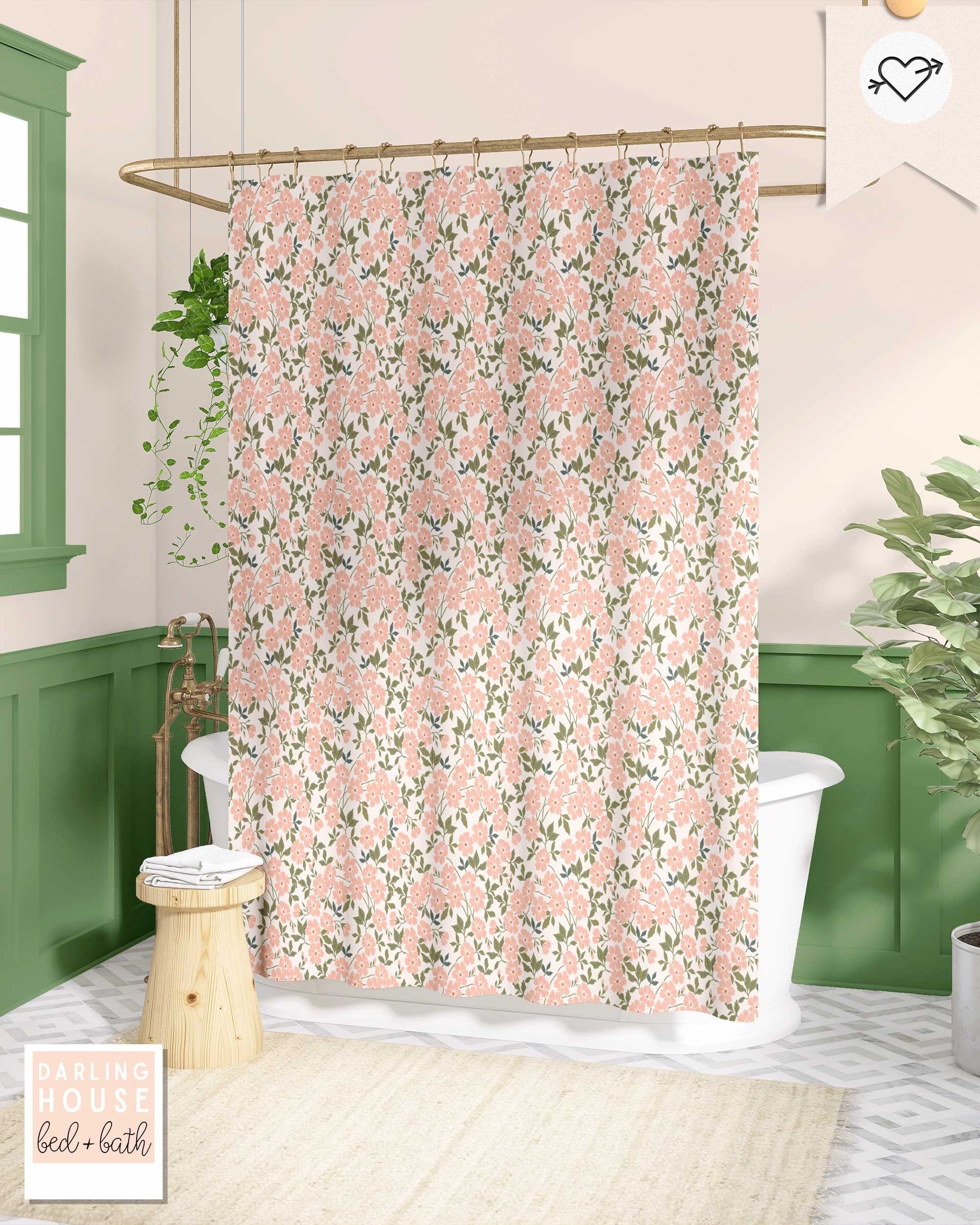 Blush Pink Floral Shower Curtain With Vintage Liberty Ditsy And Sage Green Botanical Print For A Bohemian Look - Image 2