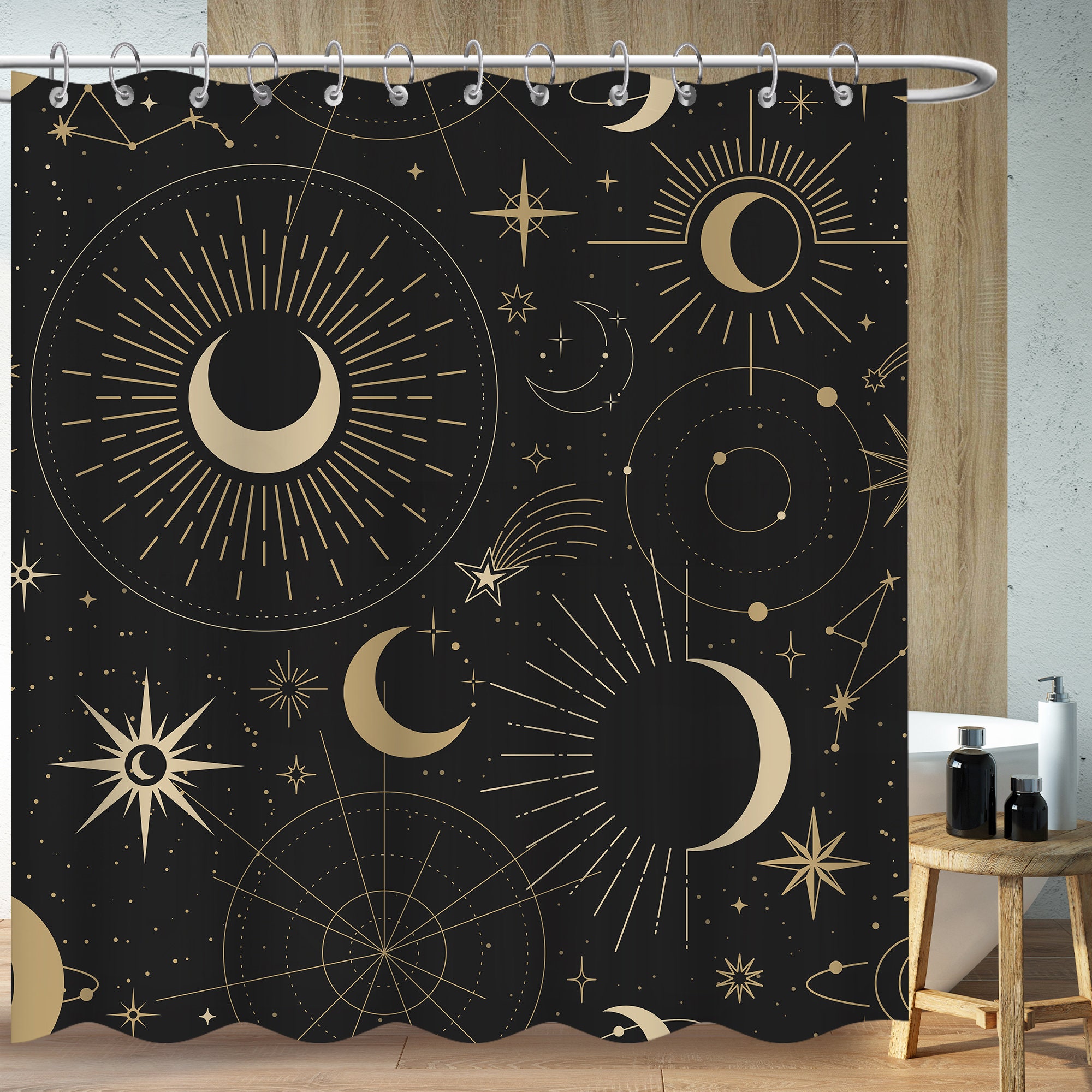 Bohemia Art Simple Lines Stars and Moon Print Shower Curtain - Minimalist Bathroom Decor