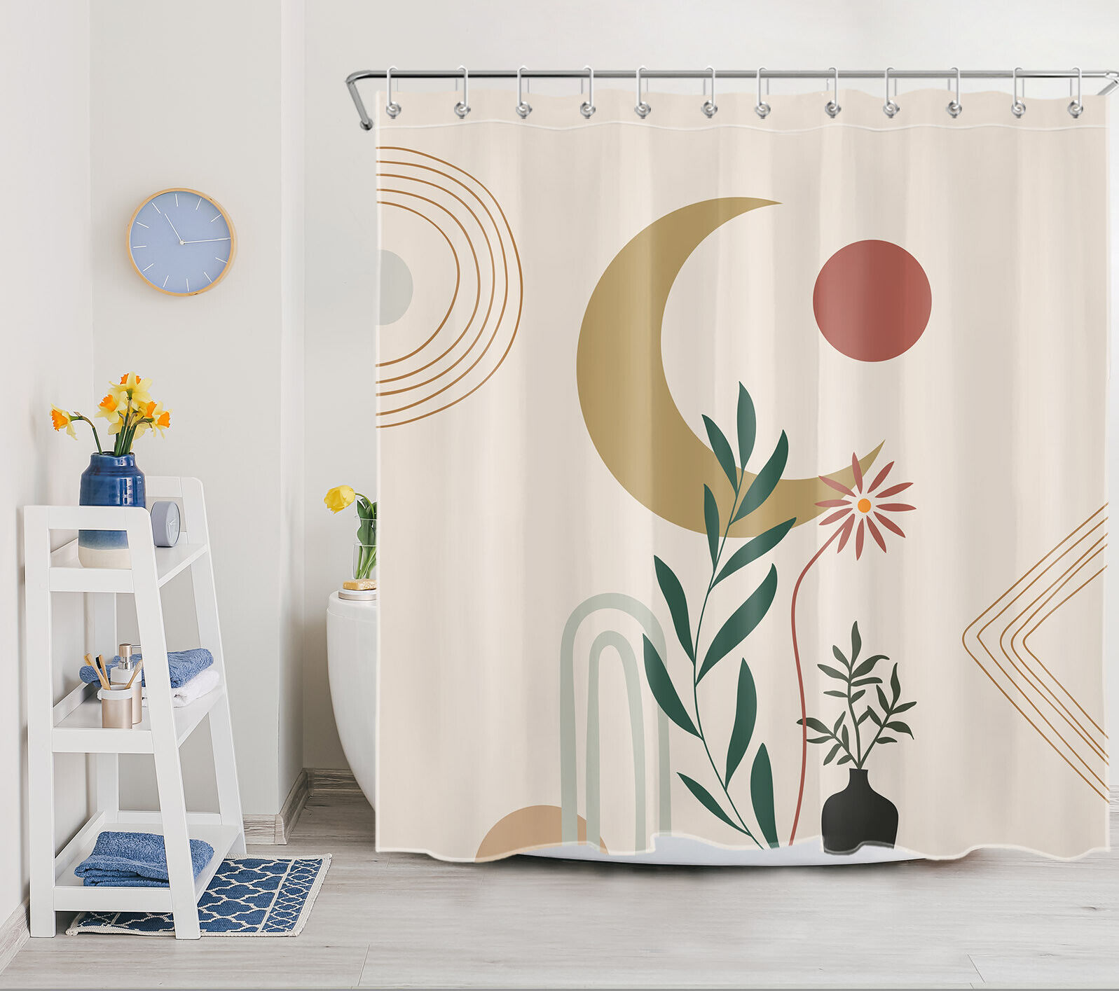 Bohemia Leaf Flower Sun Moon Mid Century Shower Curtain - Bohemian Bathroom Decor - Image 2