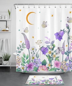 Bohemia Moon Star Butterfly Flower Shower Curtain - Artistic Bathroom Decor