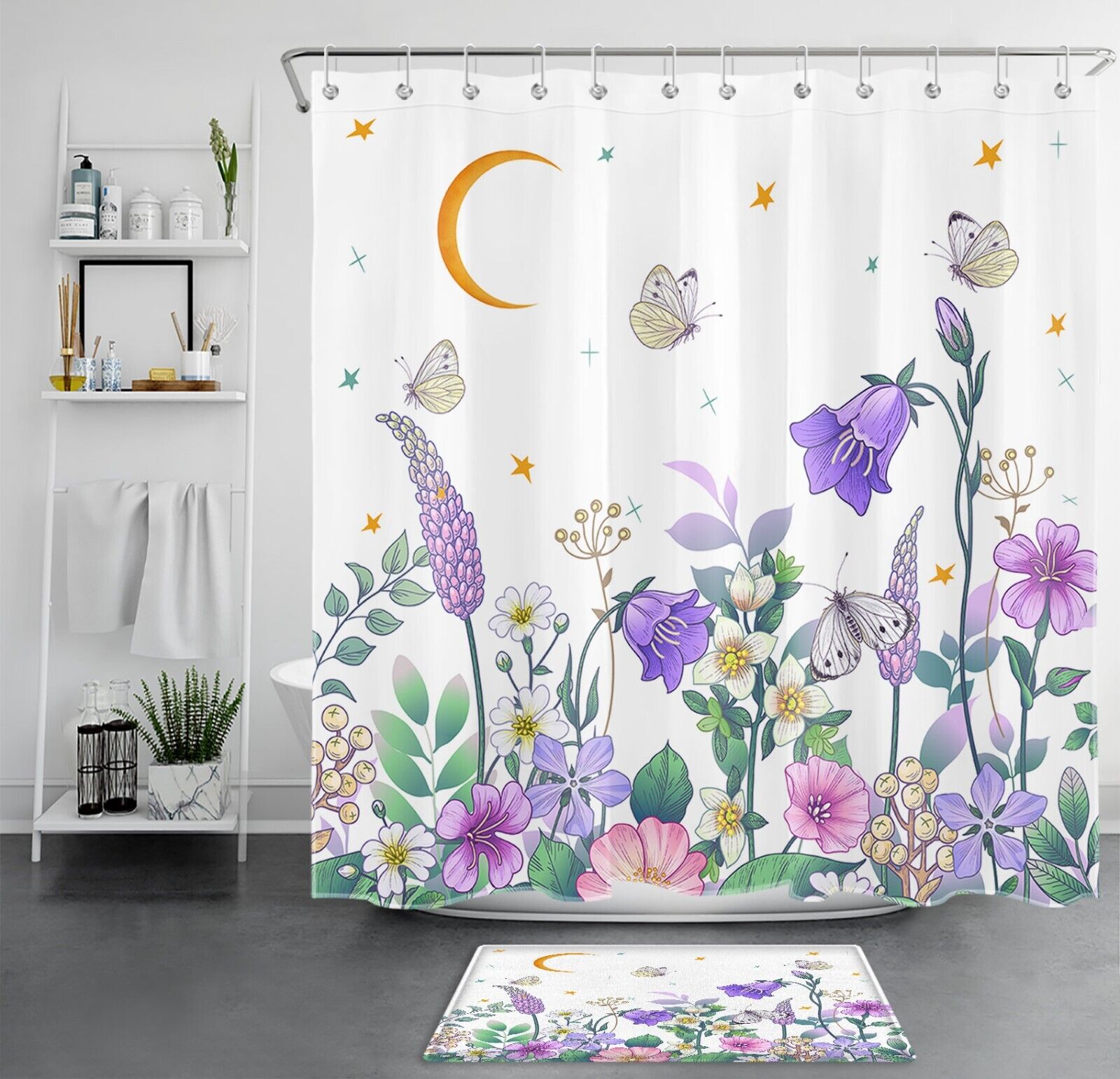 Bohemia Moon Star Butterfly Flower Shower Curtain - Artistic Bathroom Decor