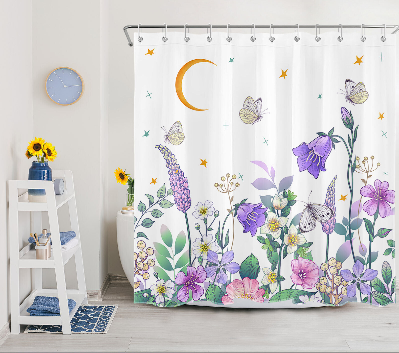 Bohemia Moon Star Butterfly Flower Shower Curtain - Artistic Bathroom Decor - Image 2