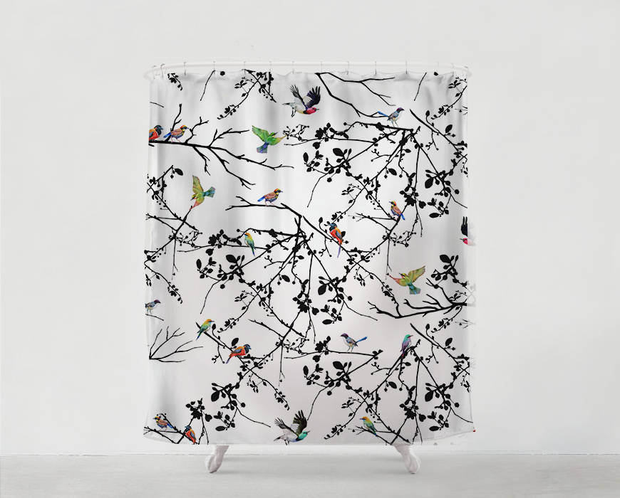Bohemian Birds On Branches Shower Curtain For Unique Wedding Gift, Bathroom Art Decor.